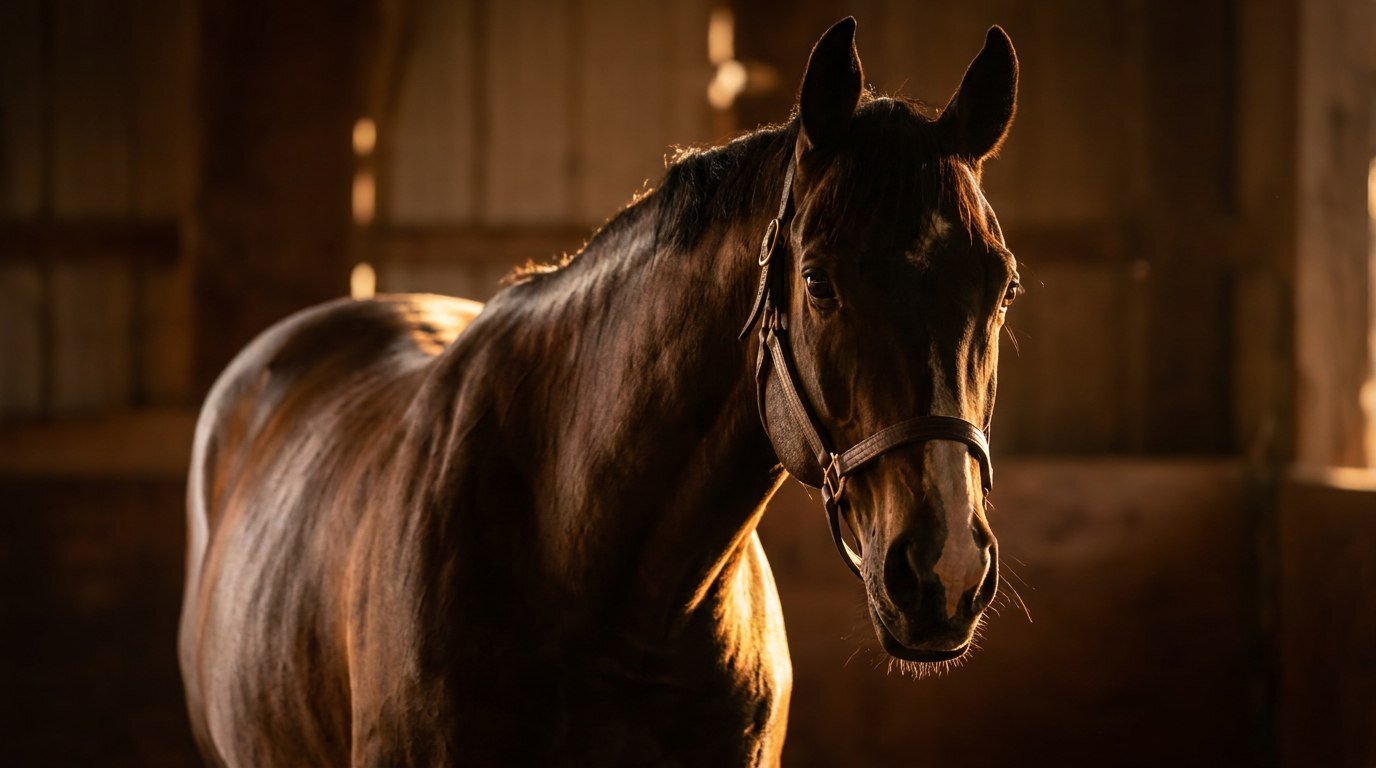 Horse in warm barn lighting - anhidrosis affects horses in hot humid climates
