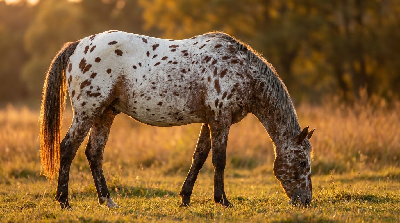 Leopard Appaloosa with dark spots scattered across a white body grazing at golden hour