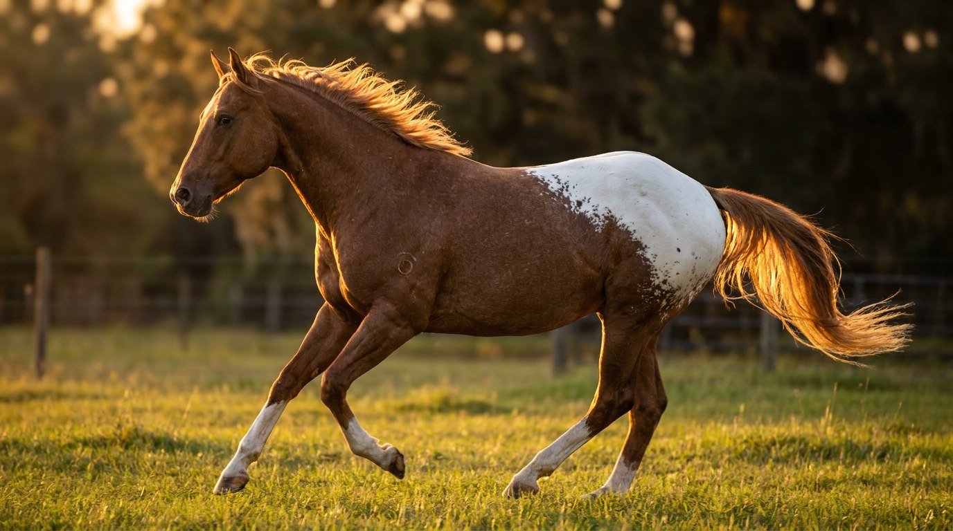 Snowcap Appaloosa with clean white blanket over the hips trotting through a field