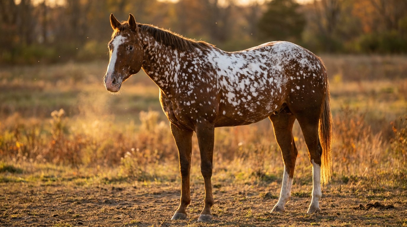 Snowflake Appaloosa with white flecks scattered across a dark base coat