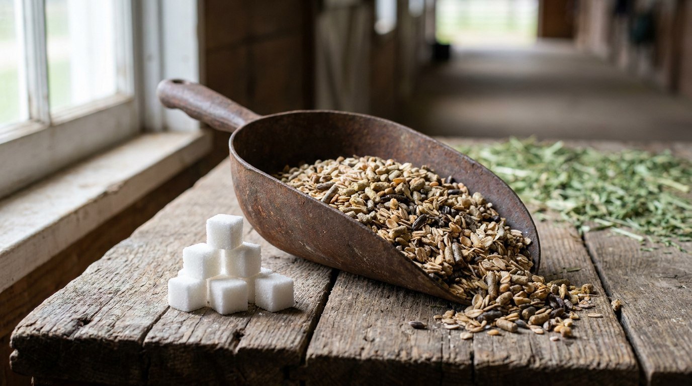 Horse feed grain mix and sugar cubes in a rustic barn setting