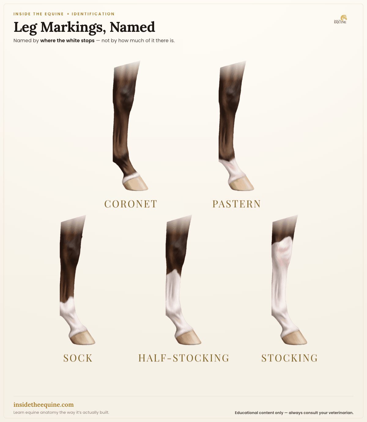 Five horse leg markings named: coronet, pastern, sock, half-stocking, and stocking
