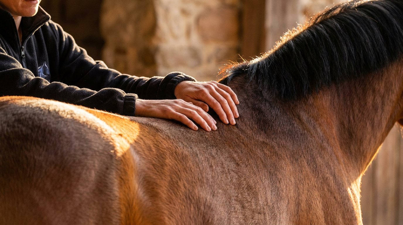 Checking a horse back for saddle fit by feeling the wither and topline