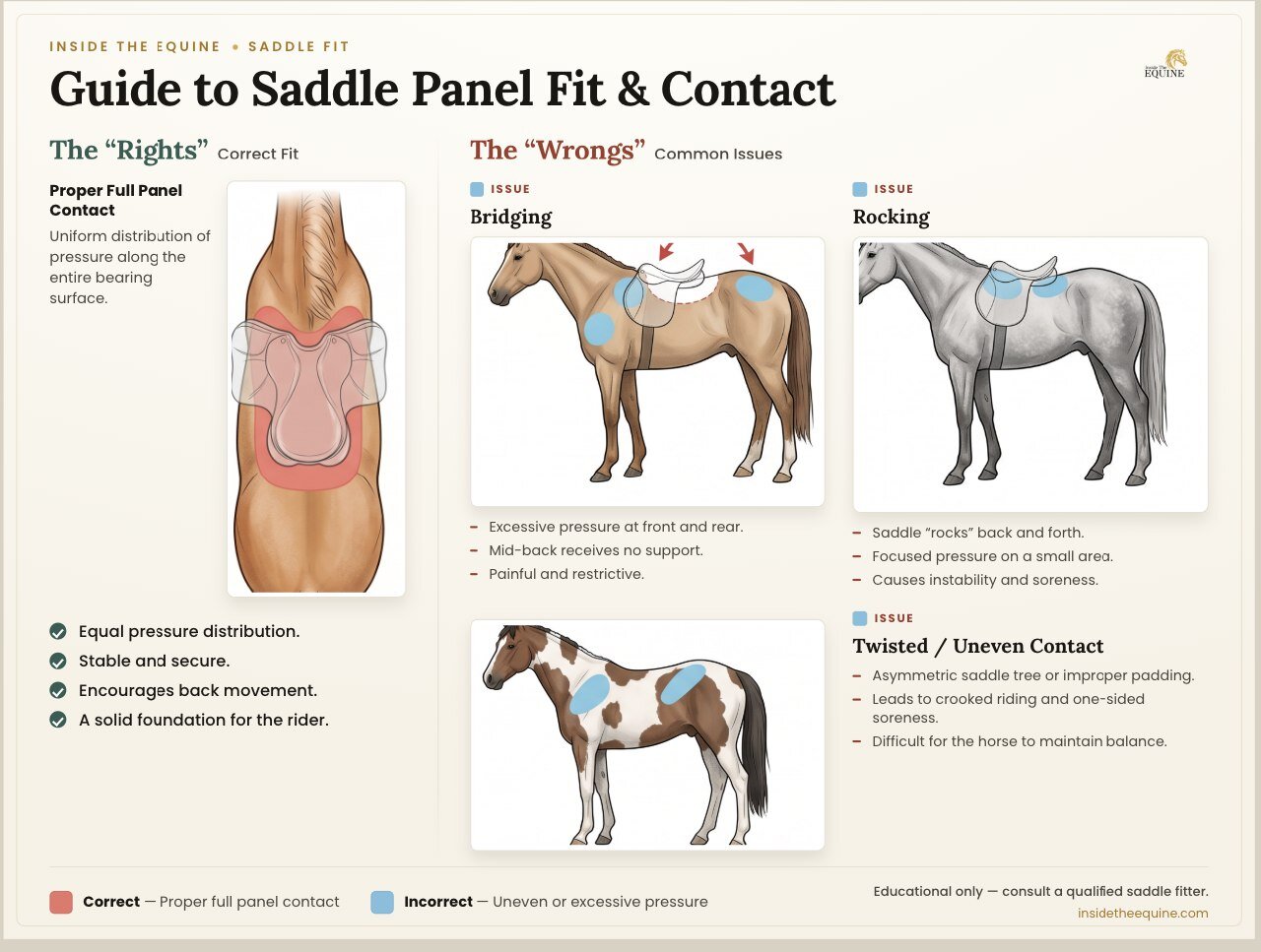 Guide to saddle panel fit and contact showing correct fit versus bridging, rocking, and twisted contact issues