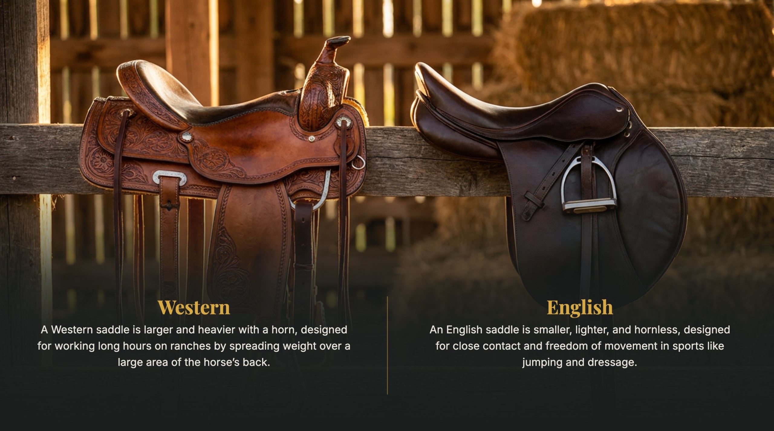 Western saddle vs English saddle comparison - Western with horn for ranch work, English lighter for jumping and dressage