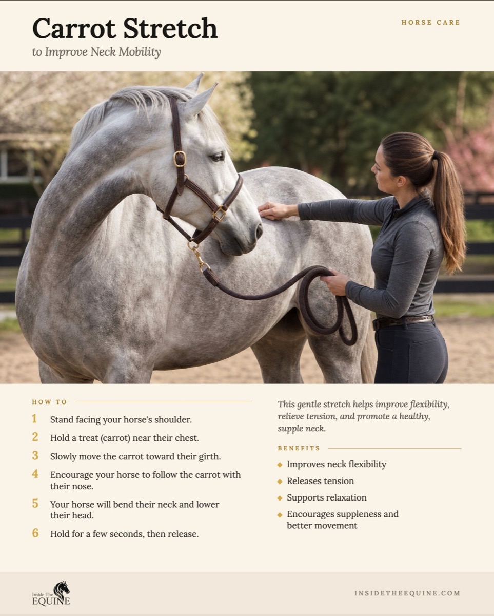 Carrot Stretch infographic: 6-step how-to guide for improving neck mobility in horses, with benefits including flexibility, tension release, and relaxation